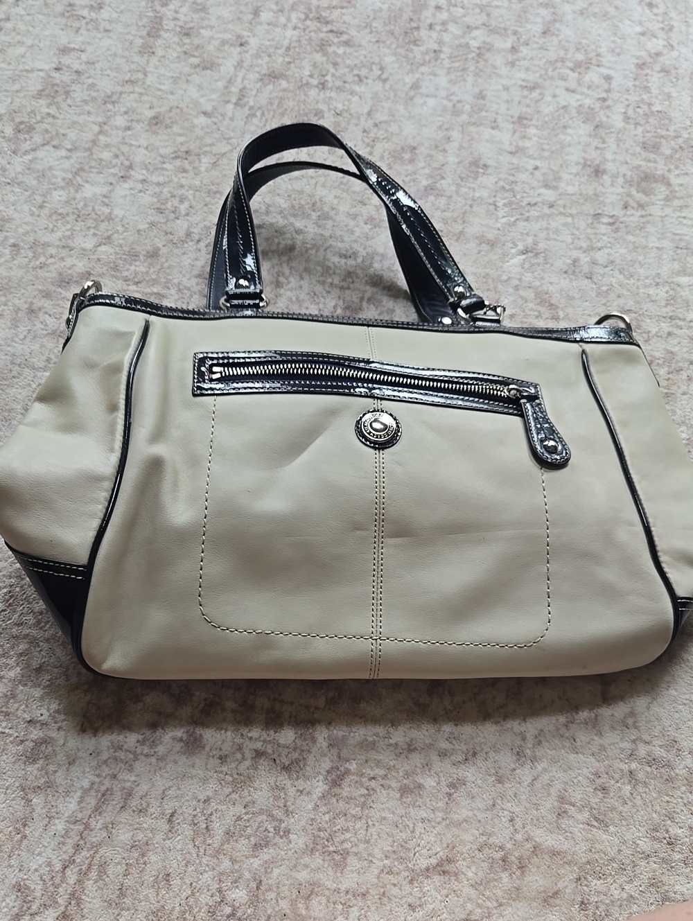 Women’s Cream and Black Leather Tote Bag